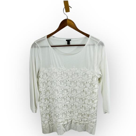J Crew Lace Overlay Top White Slub Knit 3/4 Sleeve Size M Coastal Minimalist - Picture 2 of 11